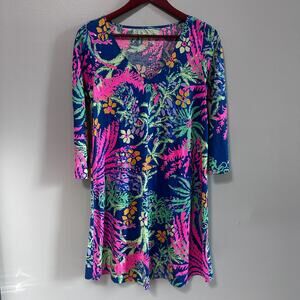 Lilly Pulitzer Small Erin Dress 3/4 Sleeves V-Neck Indig All A Glow Floral Beach